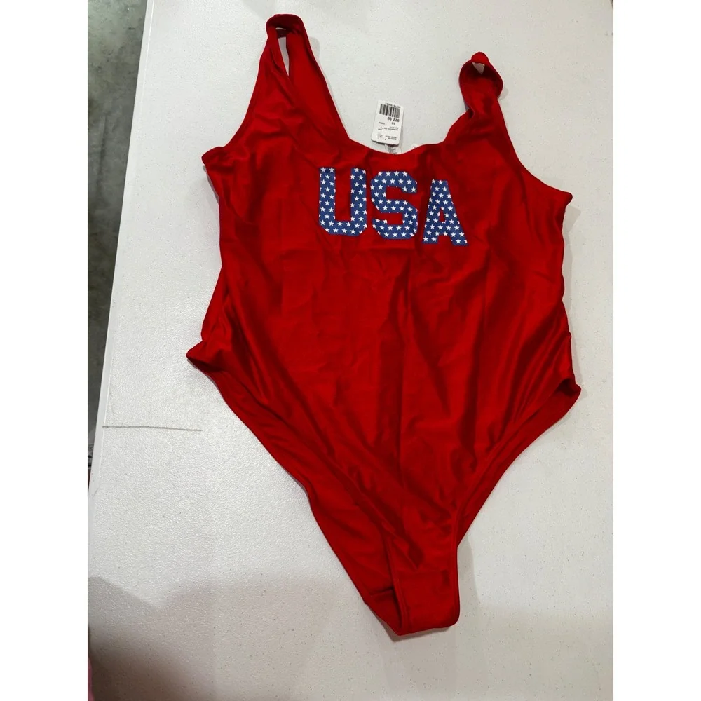 Forever 21 Womens USA Star Graphic One Piece Swimsuit Red Blue 3X 00275199034